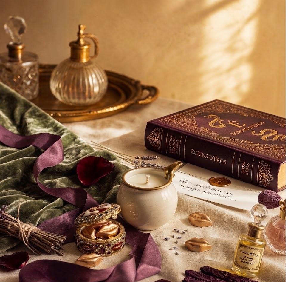 Cabinet des plaisirs — livre, huile, bougie et chocolat